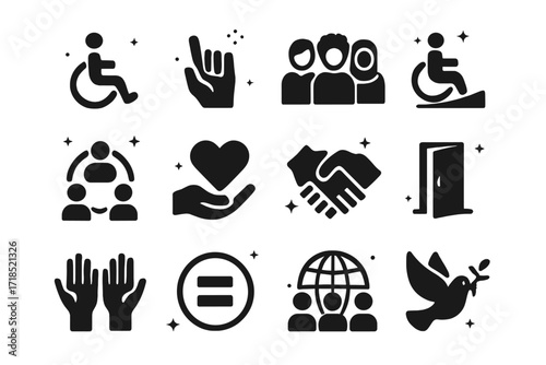 Diverse Inclusion Icons. Inclusion. Solid icons set of wheelchair symbol, sign language hand, diverse people, accessible ramp, inclusive circle, support heart,