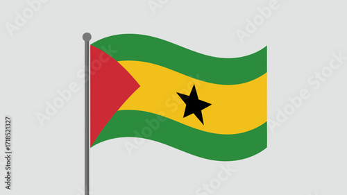 Sao Tome and Principe Flag Waving on a Pole Against Gray Background