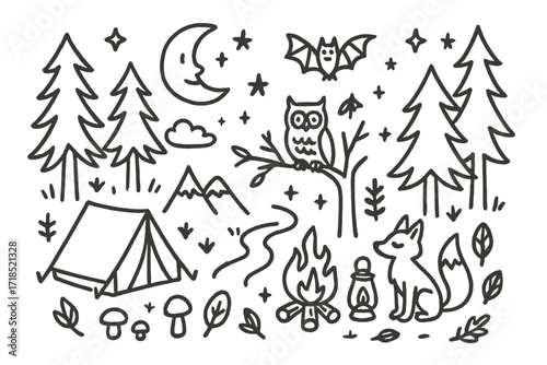 Forest Night Doodles. Hand-drawn doodle illustration Night in the forest [trees, moon, stars, owl, bat, fox, campfire, lantern, cloud, mountain, path, tent,