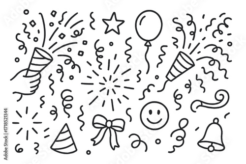 Party Celebration Doodles. Hand-drawn doodle illustration [setting off party poppers] [party popper, confetti, streamers, spark, star, balloon, hand, explosion
