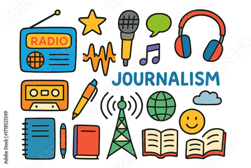 Doodle Radio Icons. Colorful Hand-drawn doodle Children illustration radio journalism radio, microphone, headphones, cassette tape, sound waves, star, music