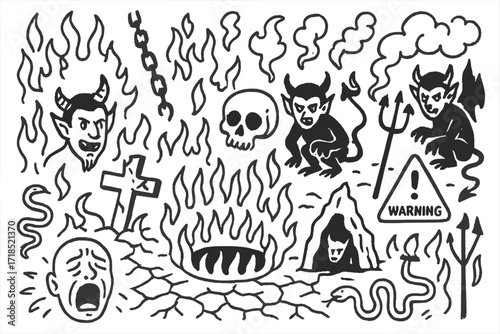 Hellish Doodle Icons. Hand-drawn doodle illustration [Biblical Hell imagery] flames, chains, pitchfork, demons, smoke, skull, broken cross, fire pit, serpents,
