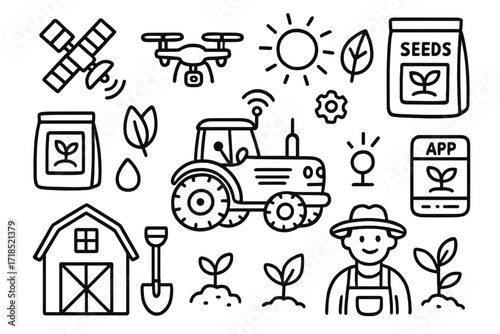 Smart Farming Icons. Hand-drawn doodle illustration smart farming robot tractor, satellite, drone, seed packet, fertilizer bag, sun, leaf, droplet, gear,