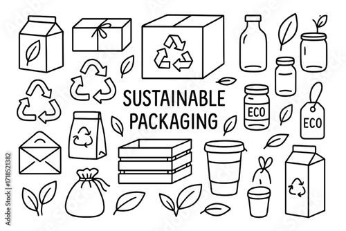 Eco Packaging Doodles. Sustainable packaging. Hand-drawn doodle illustration sustainable packaging boxes, recycling arrows, leaves, bottles, jars, paper bags,