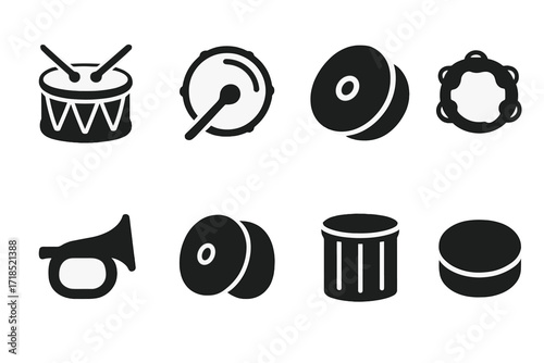 Battle Rhythm Instruments Icons. Solid, filled icon set of battle rhythm instruments: snare drum, bass drum, cymbals, tambourine, bugle, cymbal clash, tom-tom,