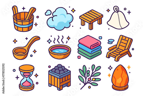Sauna Spa Icons Set. Colorful isometric vector icons set of sauna and thermal spa: wooden sauna bucket, steam cloud, heated bench, sauna hat, wooden ladle,