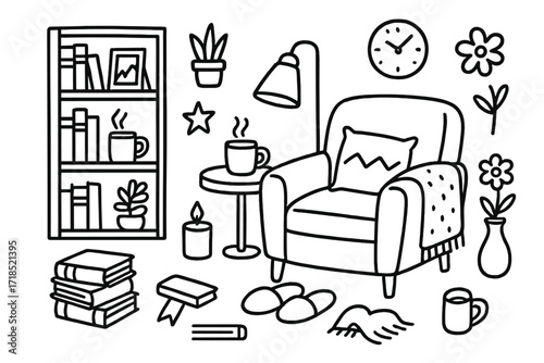 Cozy Reading Nook Doodle. Hand-drawn doodle illustration Cozy reading nook bookshelf [armchair, stacked books, pillow, lamp, mug, blanket, candle, vase, plant,