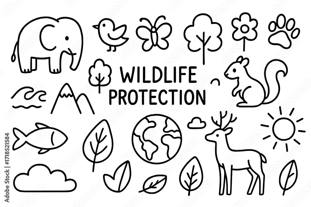 Obraz premium Wildlife Conservation Doodles. Hand-drawn doodle illustration Wildlife protection elephant, bird, fish, butterfly, tree, paw print, flower, mountain, globe,