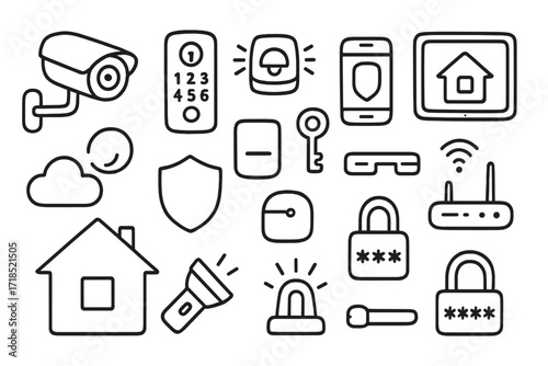 Smart Security Icons. Hand-drawn doodle illustration smart security devices security camera, door lock, alarm bell, motion sensor, smartphone, tablet, cloud