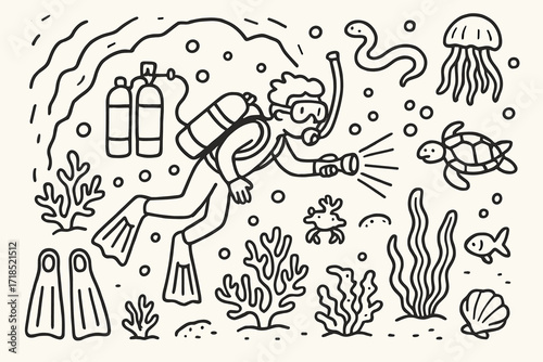Underwater Adventure Doodles. Hand-drawn doodle illustration deep sea cave diving diver, oxygen tank, flippers, snorkel, flashlight, coral, seaweed, bubbles,