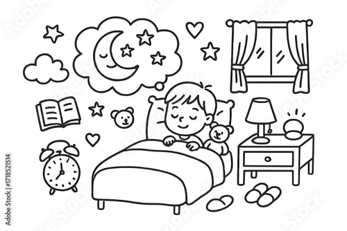 Dreamy Night Doodle. Hand-drawn doodle illustration Kids? dreamy night [child in bed, moon, stars, cloud, teddy bear, pillow, blanket, dream bubble, lamp,