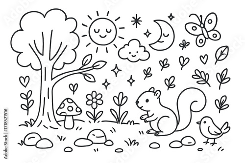 Dreamy Forest Doodle. Hand-drawn doodle illustration Dreamy forest clearing [tree, branch, mushroom, flower, butterfly, bird, squirrel, sun, moon, star, cloud,