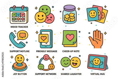 Emotional Wellness Tool Icons. Colorful isometric vector icons set of emotional wellness tools: mood tracker, smiley stickers, worry jar, emotion cards,