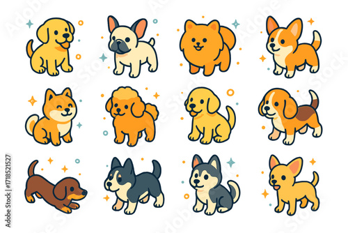 Playful Puppy Icon Grid. Colorful isometric vector icons set of Puppy breeds in playful style: Labrador puppy, French bulldog pup, Pomeranian fluff ball, Corgi