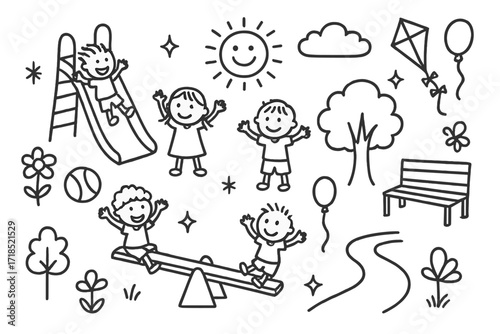 Playground Doodle Icons. Hand-drawn doodle illustration Playground fun [children figures, slide, swing, seesaw, ball, kite, sun, tree, flower, butterfly,