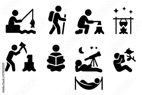 Log Cabin Icon Set. Solid, filled icon set of log cabin activities: fishing, hiking, chopping wood, campfire cooking, reading, stargazing, birdwatching,