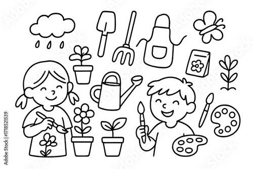 Kids Gardening Doodles. Hand-drawn doodle illustration kids gardening and crafts flower pot, shovel, watering can, rake, gloves, apron, paintbrush, palette,