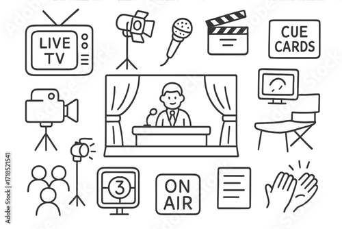 Live TV Doodle Icons. Hand-drawn doodle illustration Live TV shows [television, studio lights, host mic, camera, clapperboard, countdown timer, stage, cue