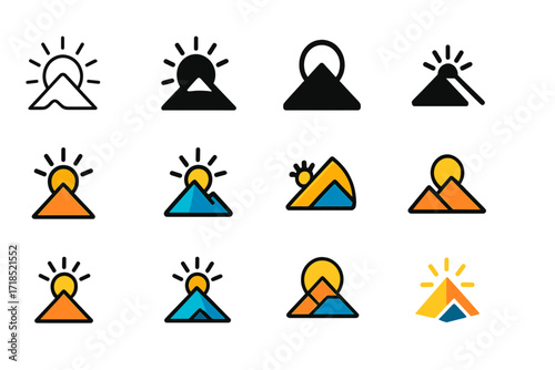 Inspirational Logo Set. Set Logo of Inspirational quotes and motivational ideas: rising sun over mountain peak. Logo set in vector style, emblematic