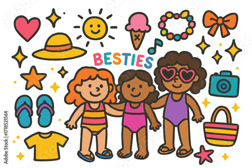 Vacation Doodle Fun. Colorful Hand-drawn doodle Children illustration Besties on vacation sunhat, swimsuit, sunglasses, sandals, beach bag, heart, star, smiley