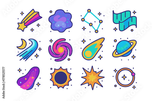 Astral Icons Collection. Colorful isometric vector icons set of astral and celestial lights: falling star, nebula glow, constellation line, aurora waves,