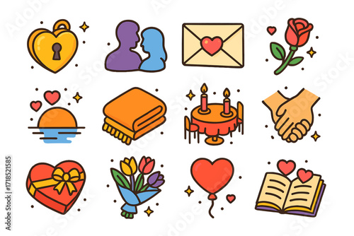 Romantic Icon Set. Colorful isometric vector icons set of Romance Genre: heart-shaped locket, couple silhouette, love letter, red rose, romantic sunset, cozy