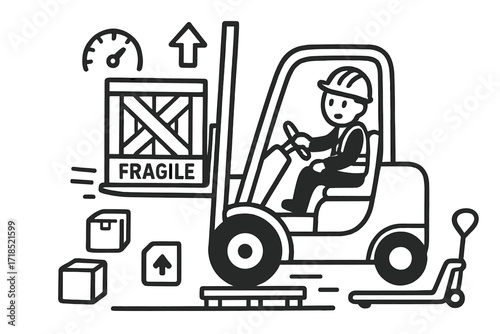 Forklift Lifting Cargo. Hand-drawn doodle illustration [forklift lifting cargo] [forklift, boxes, motion lines, up arrow, crate, cargo label, operator, hard