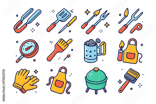 Colorful BBQ Tools Icons. BBQ tools. Colorful isometric vector icons set of BBQ tools: grill tongs, spatula, skewers, BBQ fork, meat thermometer, basting