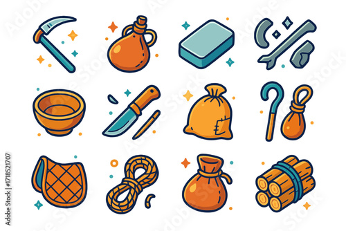 Isometric Steppe Tools Icons. Colorful isometric vector icons set of steppe tools and gear: scythe, water skin, whetstone, flint striker, wooden bowl, field