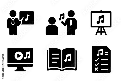 Music Education Icons. Solid, filled icon set of rhythm education: music teacher, student, music classroom, lesson plan, tutorial video, music book, practice
