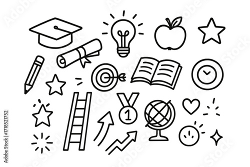 Academic Achievement Icons. Hand-drawn doodle illustration Academic success and learning graduation cap, diploma, book, light bulb, apple, star, pencil,