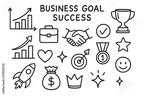 Business Success Icons. Hand-drawn doodle illustration Business goal success [bar chart, upward arrow, briefcase, handshake, checkmark, trophy, medal, star,