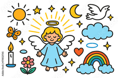 Heavenly Doodle Icons. Heavenly glow. Colorful Hand-drawn doodle Children illustration angel, cloud, star, sun, rainbow, moon, dove, sparkle, candle, heart,