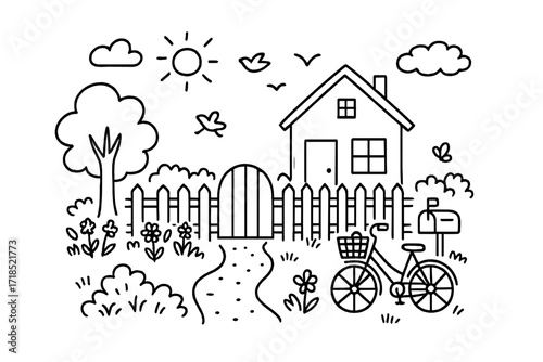 Charming Garden Doodle. Picket Fence. Hand-drawn doodle illustration picket fence mailbox, flowers, bushes, gate, path, tree, birds, bicycle, basket,