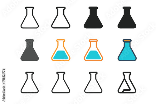 Flask Logo Variations. Set Logo of Flasks: Classic laboratory Erlenmeyer flask. Logo set in vector style, emblematic variations. line, bold thick line, solid