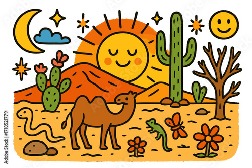 Desert Sunset Doodles. Colorful Hand-drawn doodle Children illustration Desert Sunset [sunset, cactus, sand dune, camel, snake, star, cloud, flower, rock,