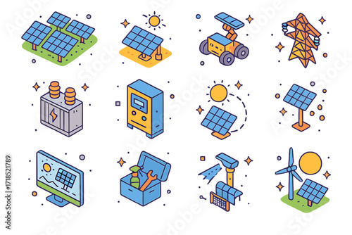 Colorful Solar Ecosystem. Colorful isometric vector icons set of solar farms and industrial solar: solar field, tracking solar panel row, maintenance robot,