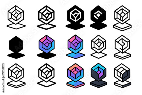 3D Holographic Logo Grid. Set Logo of Digital Art Collectibles and NFTs: 3D holographic art. Logo set in vector style, emblematic variations. line, bold thick
