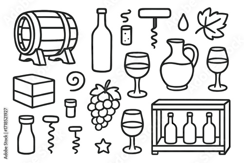 Wine Cellar Doodle. Hand-drawn doodle illustration Wine cellar barrel, bottle, cork, corkscrew, grapes, cluster, goblet, jug, glass, swirl, droplet, box,