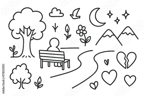 Lonely Night Doodle. Hand-drawn doodle illustration Loneliness in nature [tree, bench, lone figure, moon, star, cloud, sparkle, path, flower, leaf, shadow,