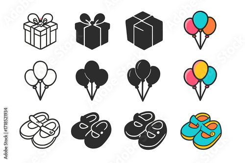 Baby Shower Icon Set. Icon Set of Baby Shower: Gift box, Balloon bunch, Baby shoes. Icons set in vector style, emblematic variations. Gift box line, Gift box