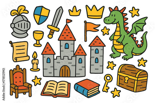 Medieval Adventure Doodle. Colorful Hand-drawn doodle Children illustration medieval castle knight helmet, shield, sword, crown, goblet, castle tower, dragon,