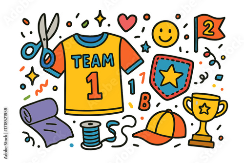 Colorful Doodle Kids Outfit. Colorful Hand-drawn doodle Children illustration Custom team outfits jersey, iron-on patch, scissors, fabric, badge, thread, star,