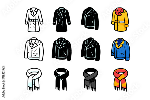 Colorful Outerwear Icons. Icon Set of Couple's outerwear: trench coat, leather jacket, scarves. Icons set in vector style, emblematic variations. Trench coat