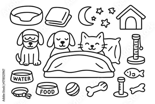 Pet Bedtime Doodle. Hand-drawn doodle illustration getting pets ready for bed pet bed, blanket, dog, cat, water bowl, food bowl, toy ball, chew toy, scratching