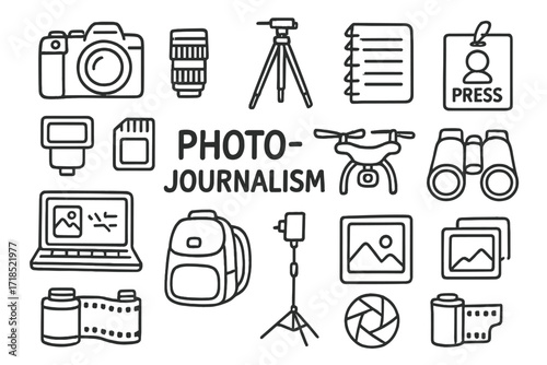 Photojournalist Gear Sketch. Hand-drawn doodle illustration Photojournalism DSLR camera, lens, tripod, notebook, press pass, flash, memory card, drone,