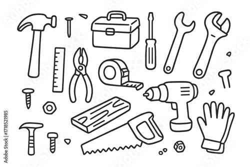 Toolbox Essentials Doodle. Hand-drawn doodle illustration nail hammer hammer, nail, toolbox, ruler, screwdriver, wrench, saw, pliers, tape measure, drill,