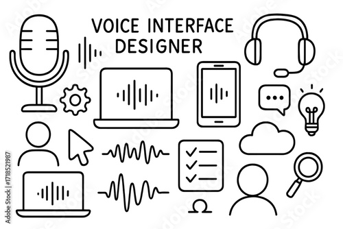 Voice Interface Elements. Hand-drawn doodle illustration Voice interface designer microphone, sound wave, laptop, tablet, smartphone, headset, speech bubble,