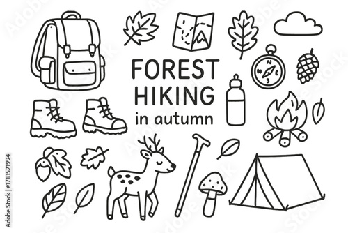Autumn Hiking Doodles. Hand-drawn doodle illustration Forest hiking in autumn, backpack, hiking boots, map, compass, water bottle, campfire, leaves, acorn,