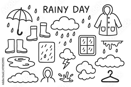 Rainy Day Doodles. Hand-drawn doodle illustration Rainy day [umbrella, raindrops, puddle, rain boots, cloud with rain, raincoat, window with drops, wet ground,